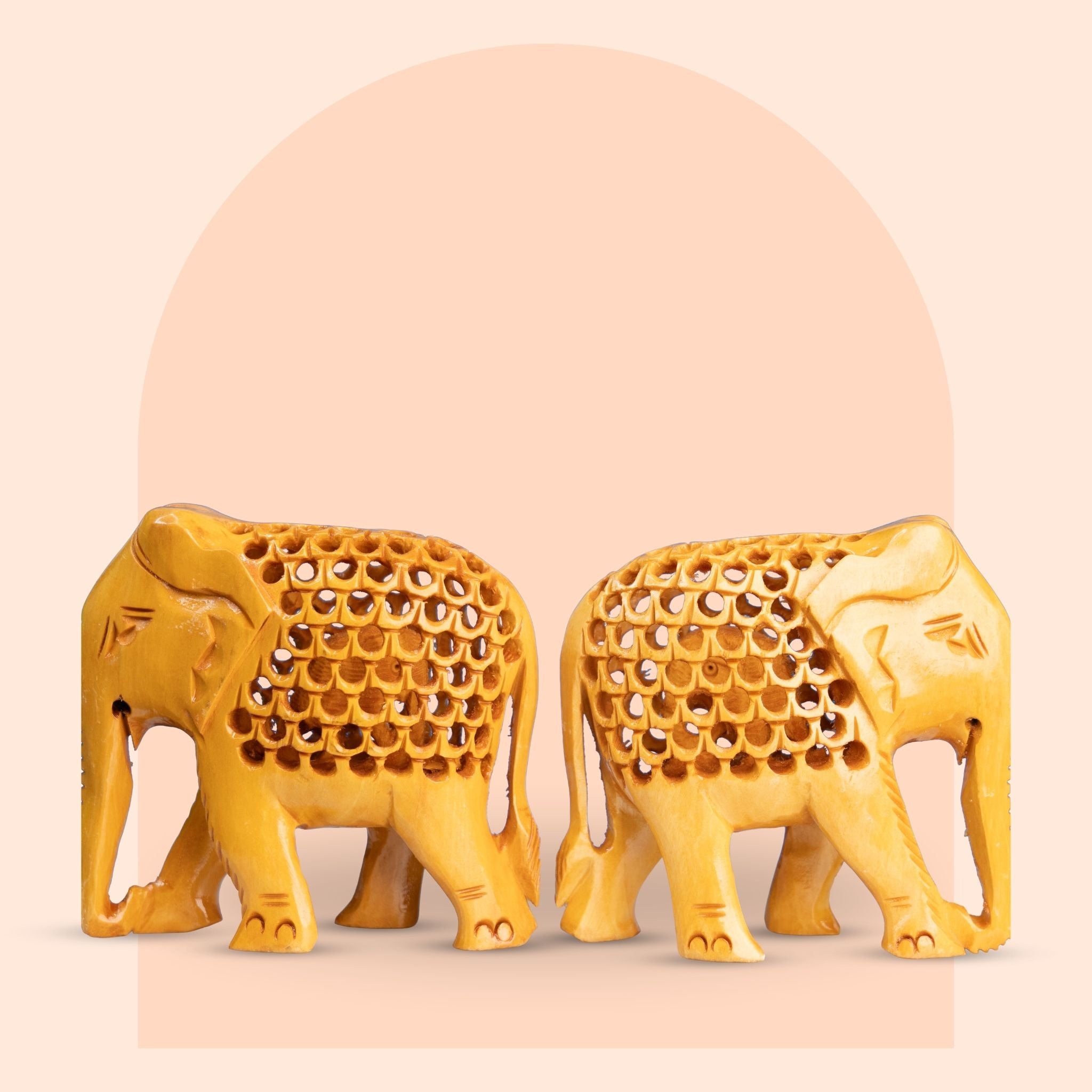 Pair of 2 Intricate Wood Elephant Figurines (4 Inch)