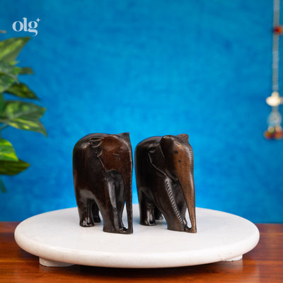 Set of two polished ebony wood elephant statues