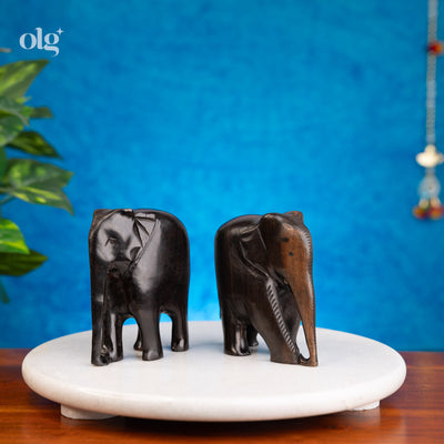 Set of two polished ebony wood elephant statues