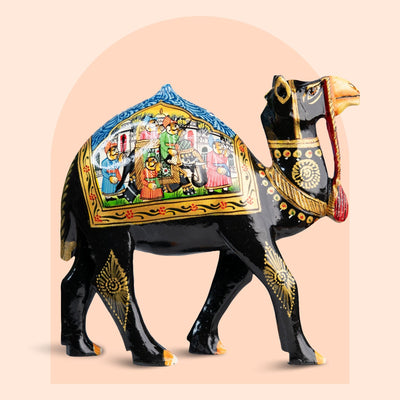Rajasthani hand-painted black wooden camel figurine, 6 inch