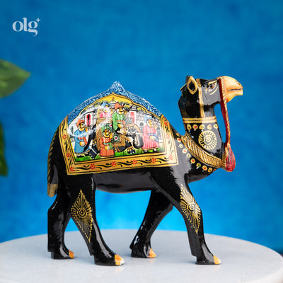 Rajasthani hand-painted black wooden camel figurine, 6 inch