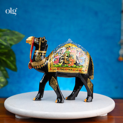 Rajasthani hand-painted black wooden camel figurine, 6 inch
