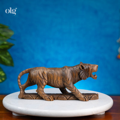 Hand-carved wooden tiger sculpture, naturalistic wildlife art