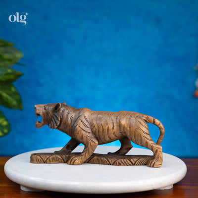 Hand-carved wooden tiger sculpture, naturalistic wildlife art
