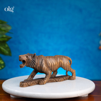 Hand-carved wooden tiger sculpture, naturalistic wildlife art