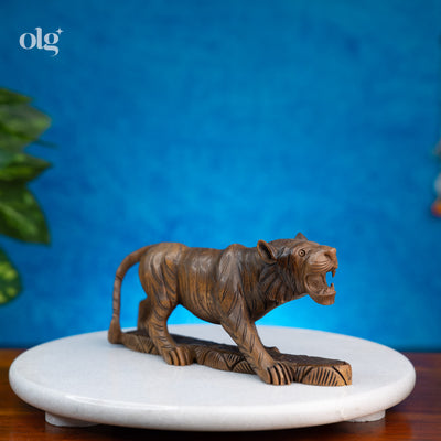 Hand-carved wooden tiger sculpture, naturalistic wildlife art