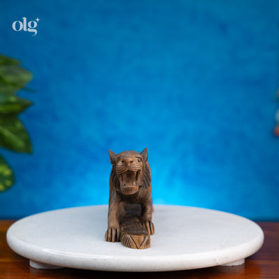Hand-carved wooden tiger sculpture, naturalistic wildlife art