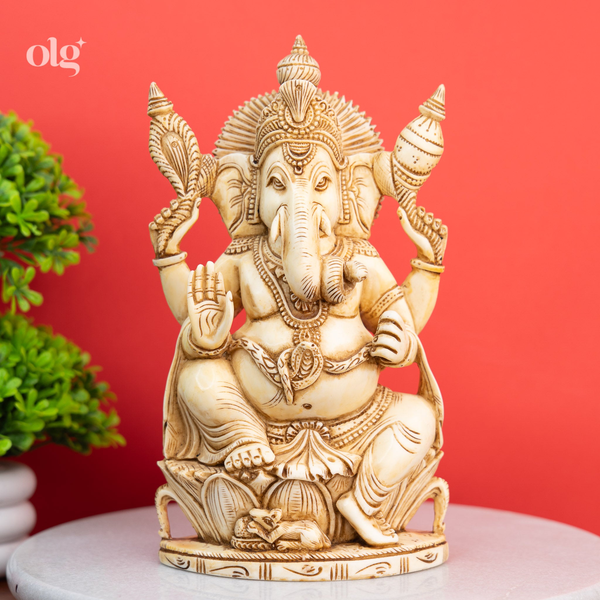 Seated Ganesha Statue in Antique Ivory Finish for Pooja
