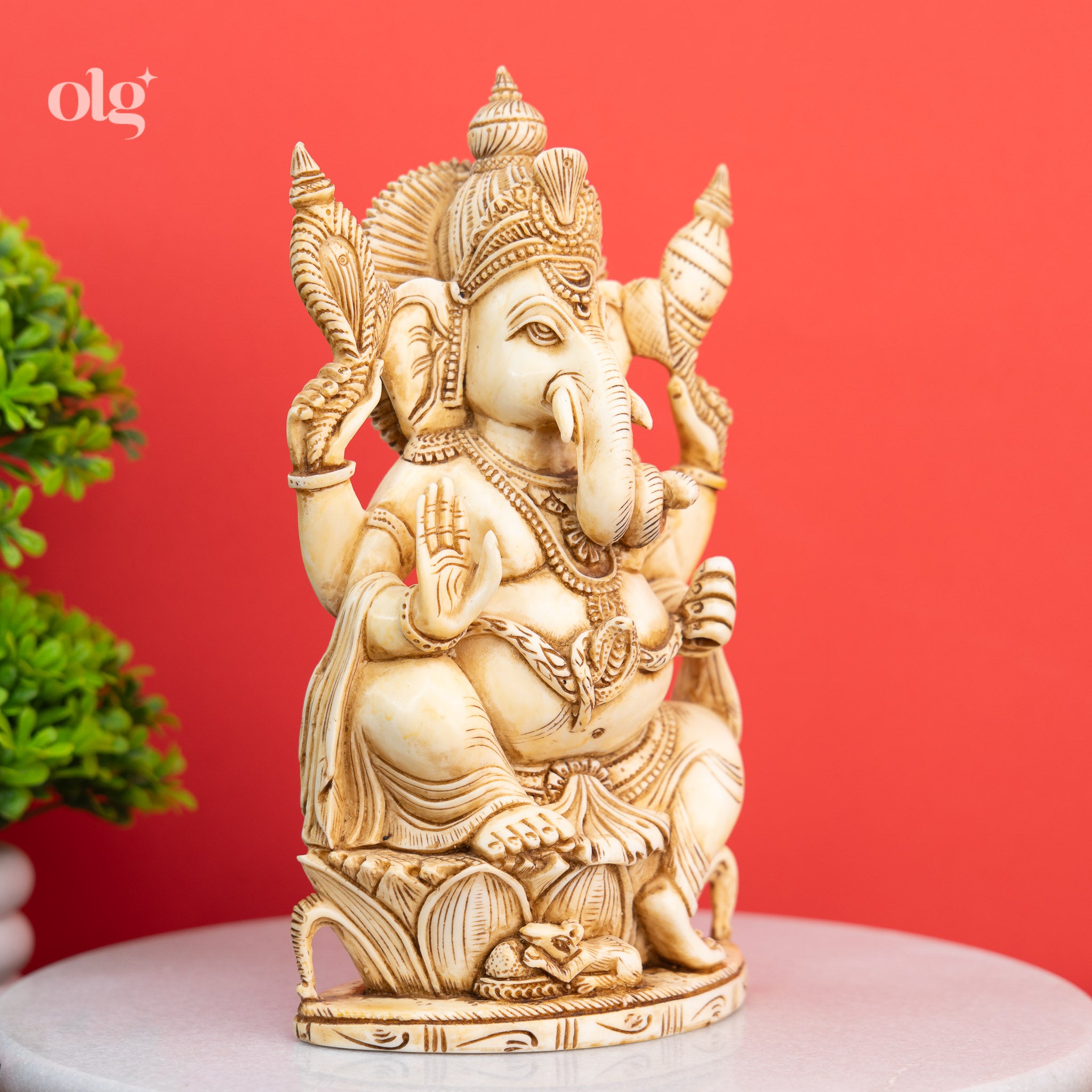 Seated Ganesha Statue in Antique Ivory Finish for Pooja