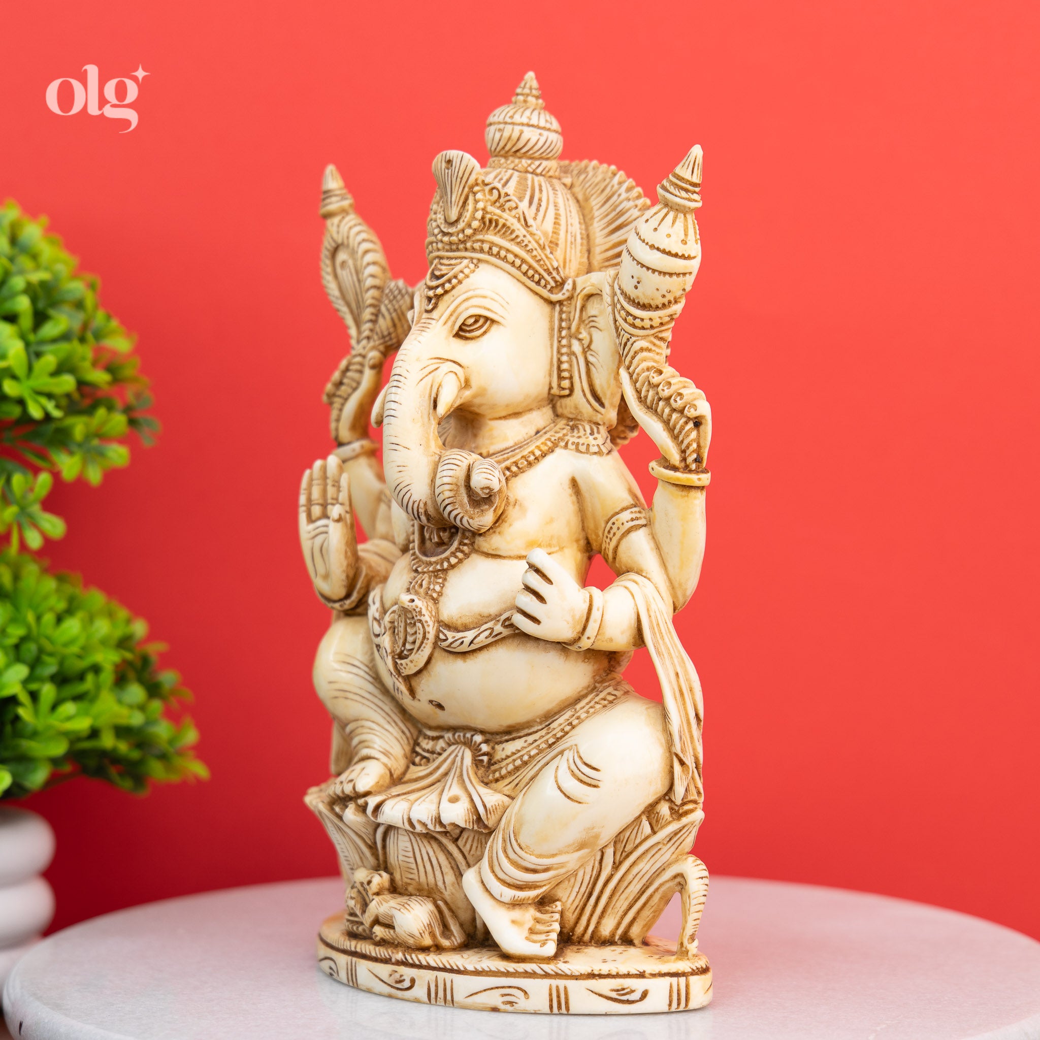 Seated Ganesha Statue in Antique Ivory Finish for Pooja