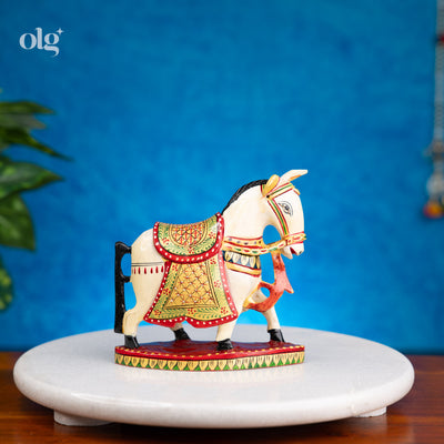 Vibrant hand-painted Rajasthani wooden horse figurine