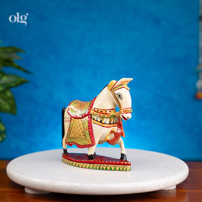 Vibrant hand-painted Rajasthani wooden horse figurine