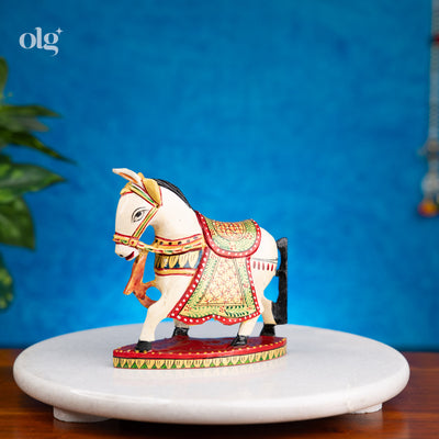 Vibrant hand-painted Rajasthani wooden horse figurine