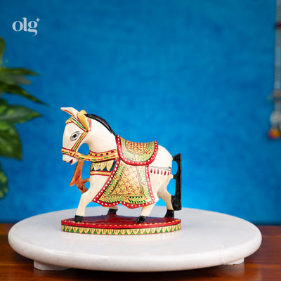 Vibrant hand-painted Rajasthani wooden horse figurine