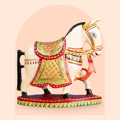 Vibrant hand-painted Rajasthani wooden horse figurine