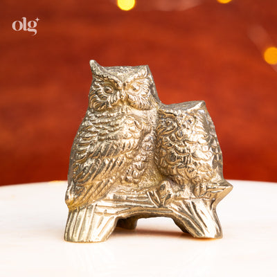 Vintage-finish brass mother and baby owl figurine, 3 inch
