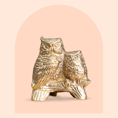 Vintage-finish brass mother and baby owl figurine, 3 inch