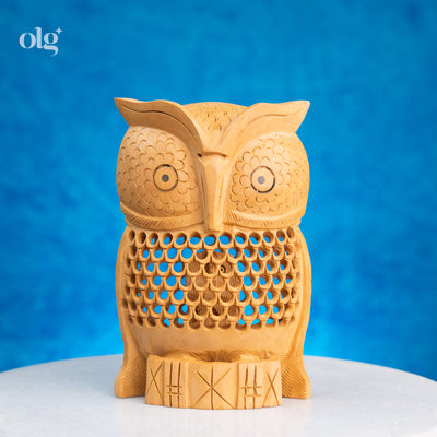 Hand-carved wooden owl figurine with jali lattice design, 6 inch