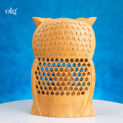 Hand-carved wooden owl figurine with jali lattice design, 6 inch
