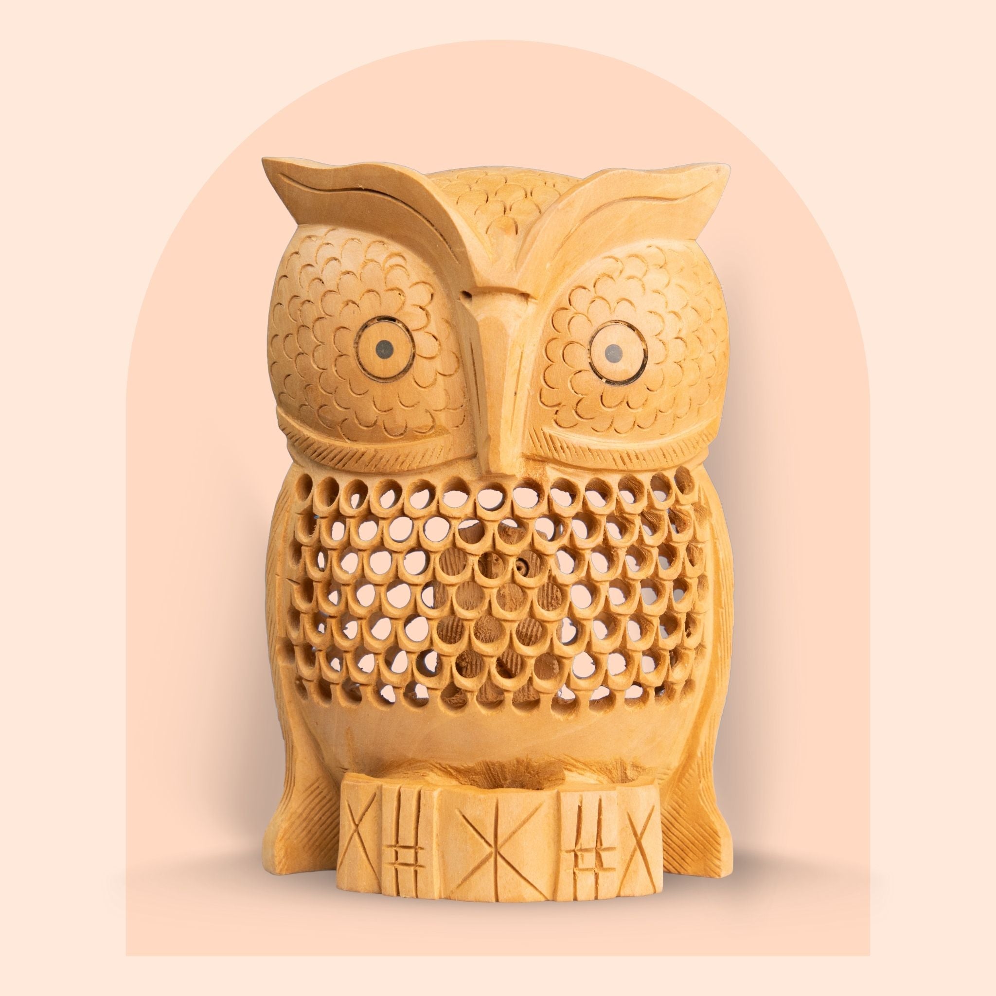 Wood Carved Owl with Lattice Jali Design (6 Inch)