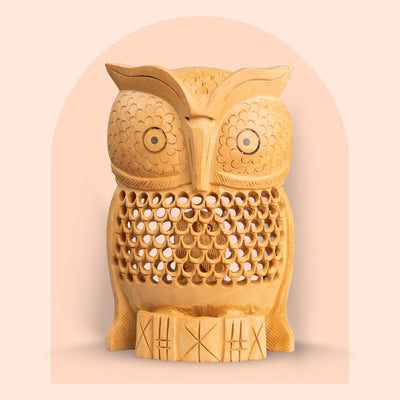 Hand-carved wooden owl figurine with jali lattice design, 6 inch
