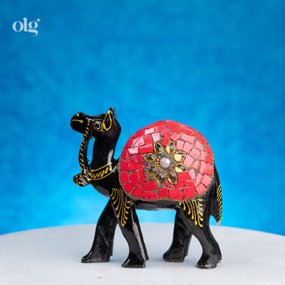 Wooden camel figurine with red mosaic-inlay saddle
