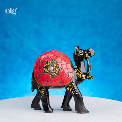 Wooden camel figurine with red mosaic-inlay saddle