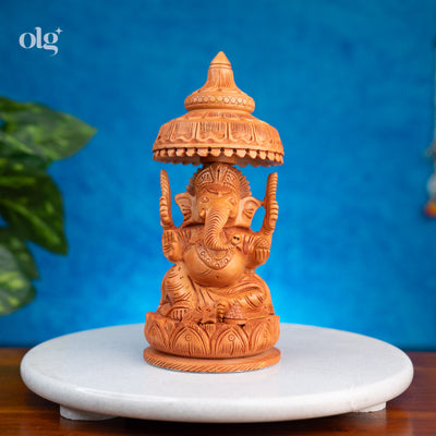Hand-carved wooden Ganesha statue with chhatri canopy, 8 inch