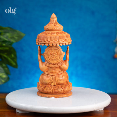 Hand-carved wooden Ganesha statue with chhatri canopy, 8 inch