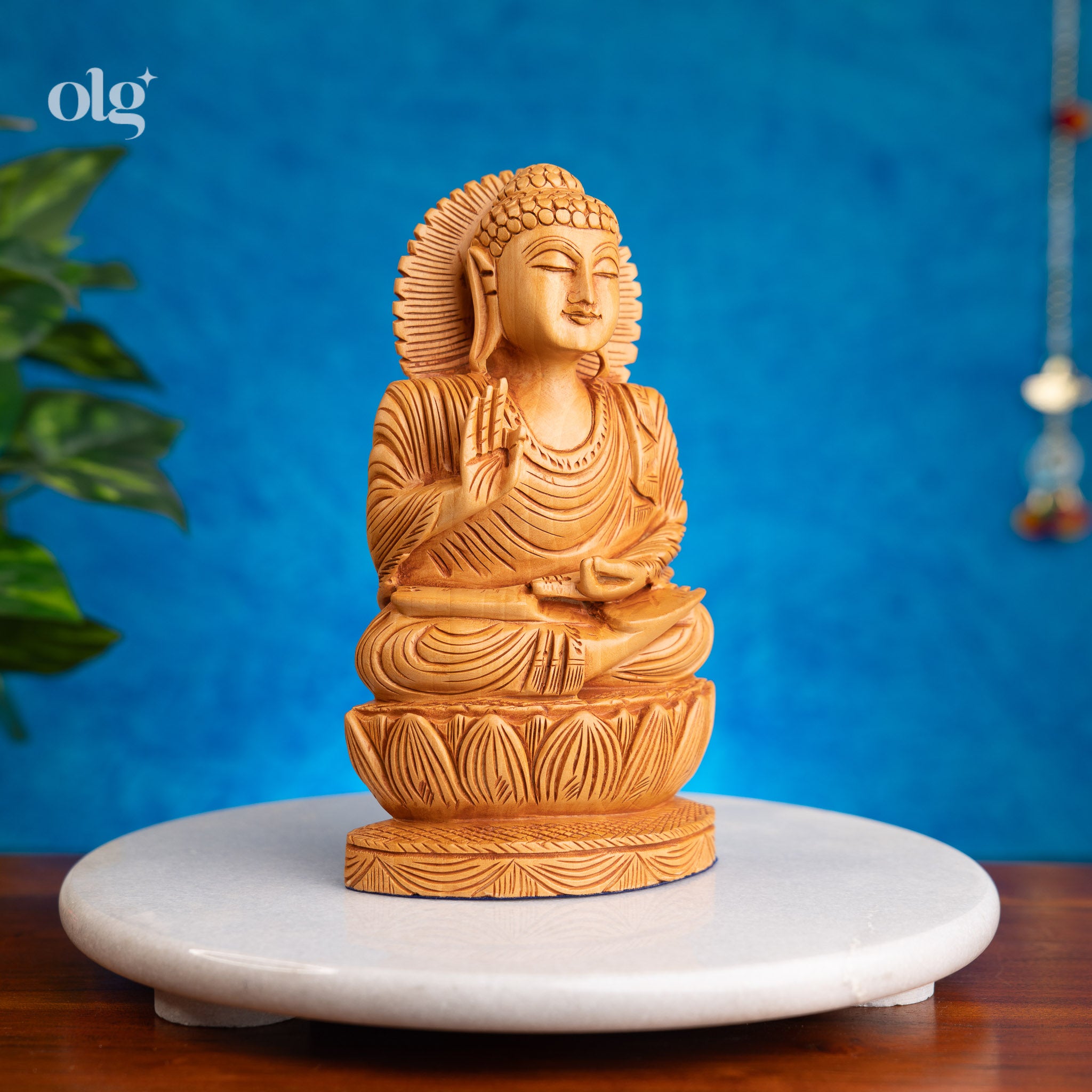 Wooden Meditating Buddha Abhaya Mudra Figurine on Lotus Base