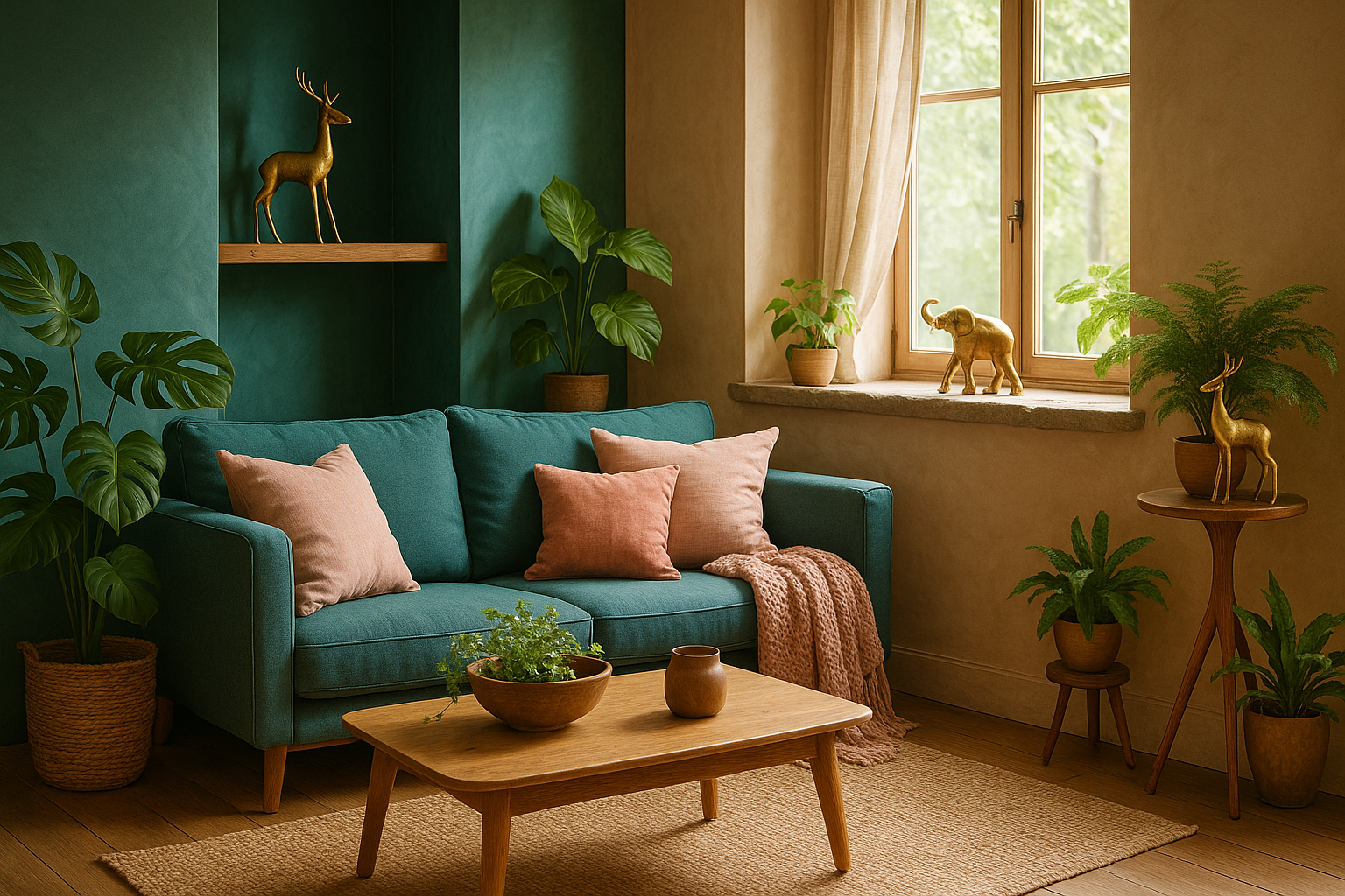 use a color combination of teal and pink and place the figurines at different corners of the room. like a natural interior